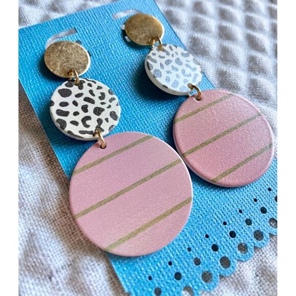 New Retro 80s Style Gold Pink Black White Leopard Print Circle Disk Earrings 3" - Picture 2 of 4